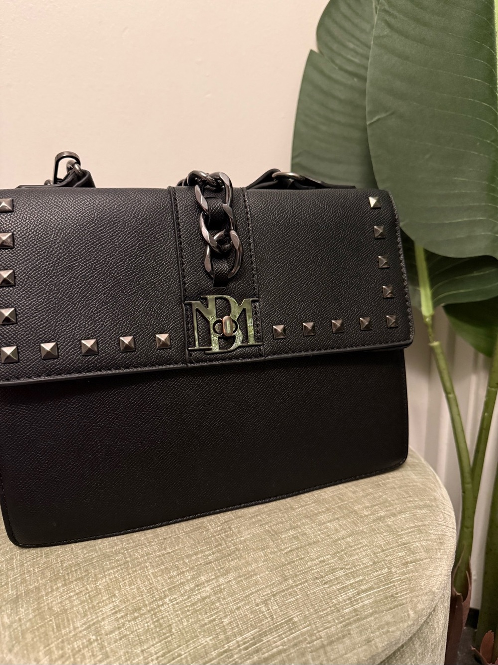 Badgley Mischka Black Studded Chain Logo Structured Shoulder Satchel Bag